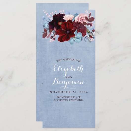 Burgund und Dusty Blue Wedding Programme (Vorne/Hinten)