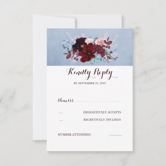 Burgund und Dusty Blue Wedding RSVP Karte (Vorderseite)