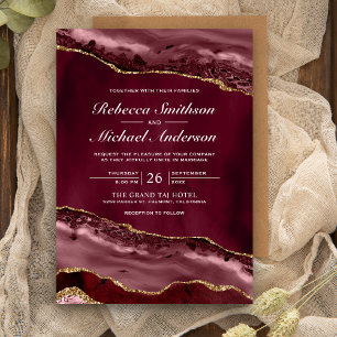 Burgund und Gold Achat-Marmor-Hochzeitseinladung Einladung