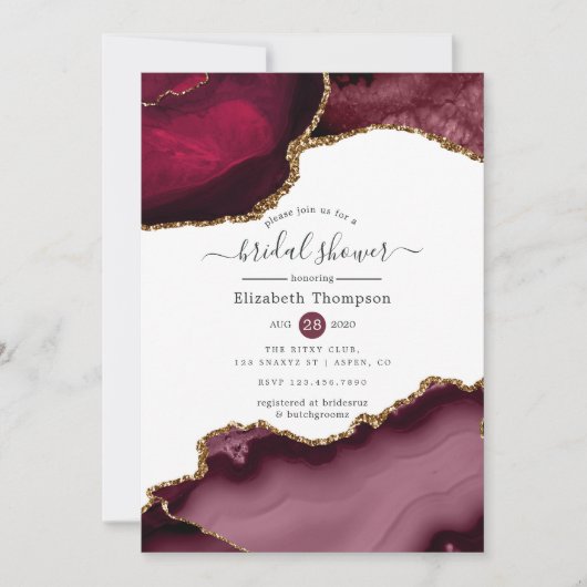 Burgund und Gold Agate Brautparty Einladung (Vorderseite)