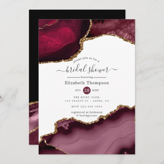 Burgund und Gold Agate Brautparty Einladung (Vorne/Hinten)