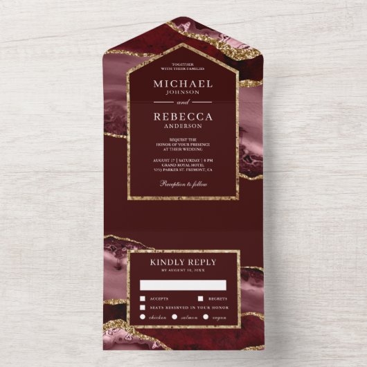 Burgund und Gold Agate Marmorhochzeit All In One Einladung (Innen Boden)