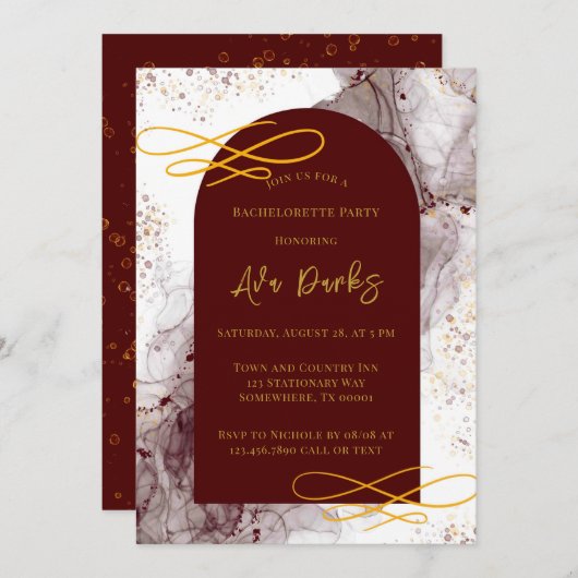Burgund und Gold Alkoholtink Junggeselinnen-Abschi Einladung (Vorne/Hinten)