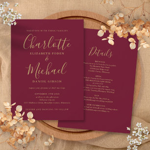 Burgund und Gold Alles in Einem Chic Script Hochze Einladung