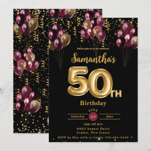 Burgund und Gold Balloons Confetti 50. Geburtstag Einladung