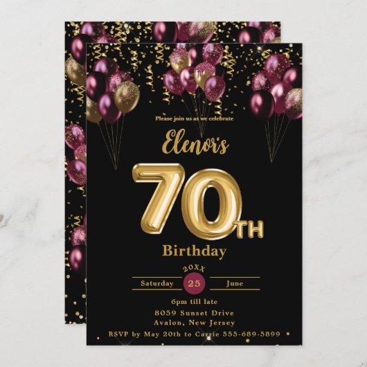 Burgund und Gold Balloons Confetti 70. Geburtstag Einladung (Vorne/Hinten)