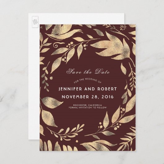 Burgund- und Gold-Blätter fallen Save the Date Ankündigungspostkarte (Vorne/Hinten)