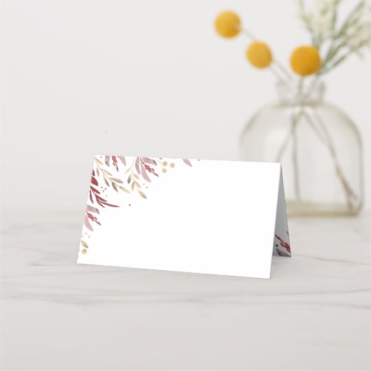 Burgund und Gold Blätter Hochzeit Platzkarte (Vorderseite)