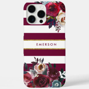 Burgund und Gold Boho Blumenstreifen Monogramm iPhone 16 Pro Max Hülle