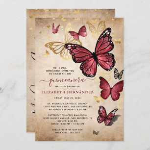 Burgund und Gold Butterfly Quinceanera Geburtstag Einladung