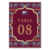 Burgund und Gold Elefanten Indianerhochzeit Tischnummer (Vorderseite)