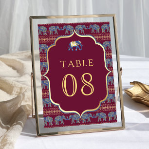 Burgund und Gold Elefanten Indianerhochzeit Tischnummer