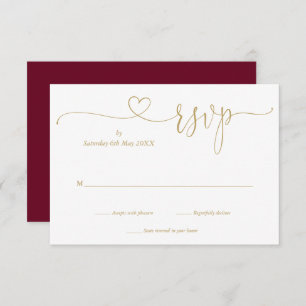 Burgund und Gold Elegantes Script Herz RSVP Karte