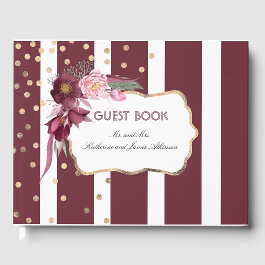 Burgund und Gold Floral Elegante Hochzeit Gästebuch (Vorderseite)