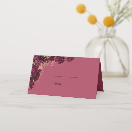 Burgund und Gold Floral Wedname Platzkarte (Vorderseite)