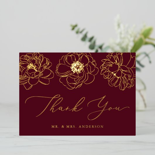Burgund und Gold Foil Floral Danke Karte (Stehend vorne)