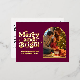 Burgund und Gold Fröhlich und Hell Retro Weihnacht Folien Feiertagspostkarte