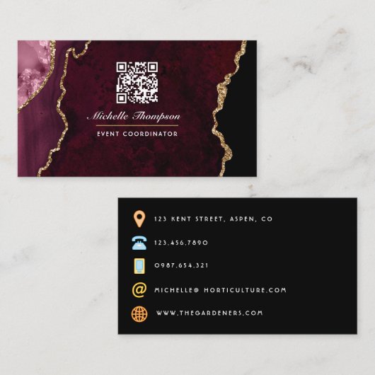 Burgund und Gold Geode Agate Stone QR Code Busine Visitenkarte (Vorne/Hinten)