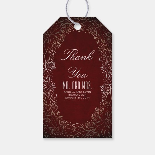 Burgund und Gold Gipskraut Hochzeit Geschenkanhänger (Vorderseite)