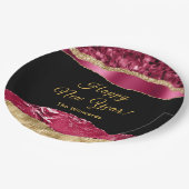 Burgund und Gold Glam tränen glückliches Neues Jah Pappteller (Schrägansicht)