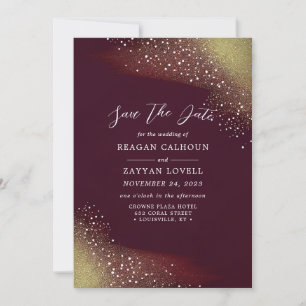 Burgund und Gold Glitter Save The Date Karte