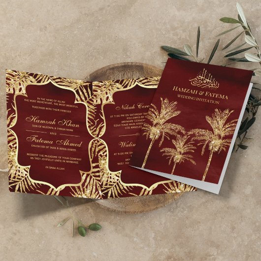 Burgund und Gold Glitzer Date Palm Moslem Hochzeit Einladung