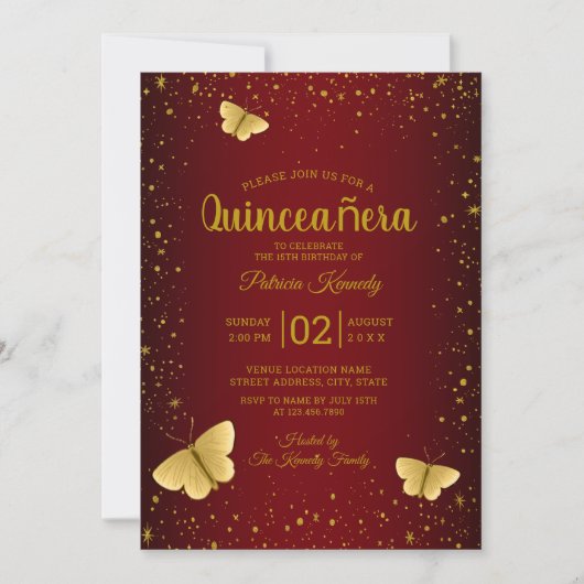 Burgund und Gold Glitzer Schmetterling Quinceanera Einladung (Vorderseite)