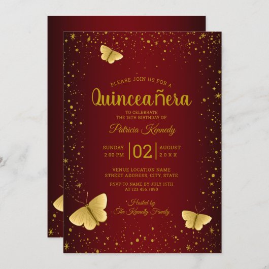 Burgund und Gold Glitzer Schmetterling Quinceanera Einladung (Vorne/Hinten)