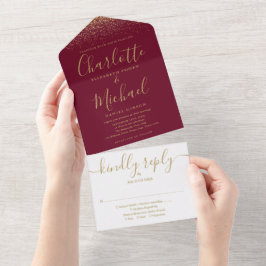 Burgund und Gold Glitzer Script Wedding All In One Einladung