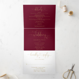 Burgund und Gold Heart Script Hochzeit Dreifach Gefaltete Einladung