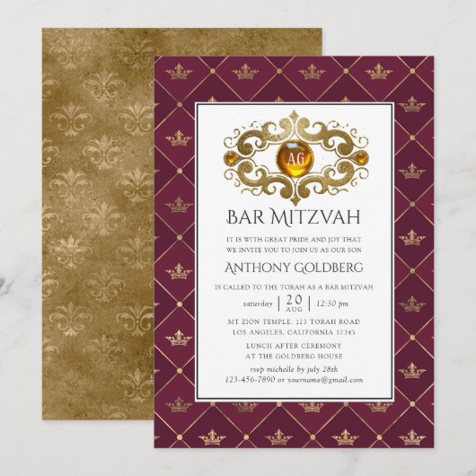 Burgund und Gold Heraldic Monogram Bar Mitzvah Einladung (Vorne/Hinten)