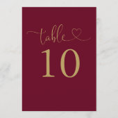 Burgund und Gold-Herz-Script-Tischnummer Einladung (Vorderseite)