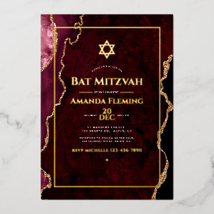 Burgund und Gold Imitate Agate Bat Mitzvah Folieneinladung