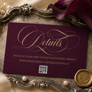 Burgund und Gold Kalligrafie-Hochzeitsdetailkarte Begleitkarte