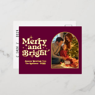 Burgund und Gold Merry und Bright Retro Weihnachte Folien Feiertagspostkarte