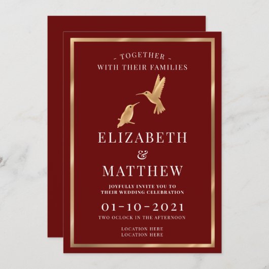 Burgund und Gold mit Humming Vögeln Einladung (Vorne/Hinten)