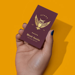 Burgund und Gold Owl Tattoo Artist Visitenkarte