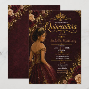 Burgund und Gold Quinceañera Einladung