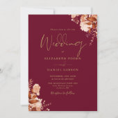 Burgund und Gold Rustikale Blumenhochzeit Einladung (Vorderseite)