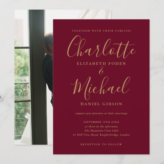 Burgund und Gold Script Wedding Modernes Foto Einladung (Vorne/Hinten)