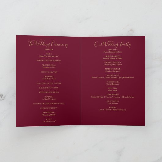 Burgund und Gold Signature Script Hochzeit Programm (Innenseite)
