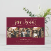 Burgund und Gold Wedding 4 Foto Save the Date (Stehend Vorderseite)