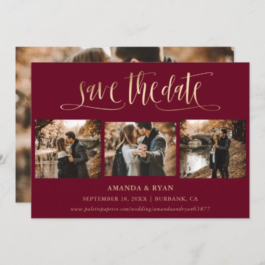 Burgund und Gold Wedding 4 Foto Save the Date (Vorne/Hinten)