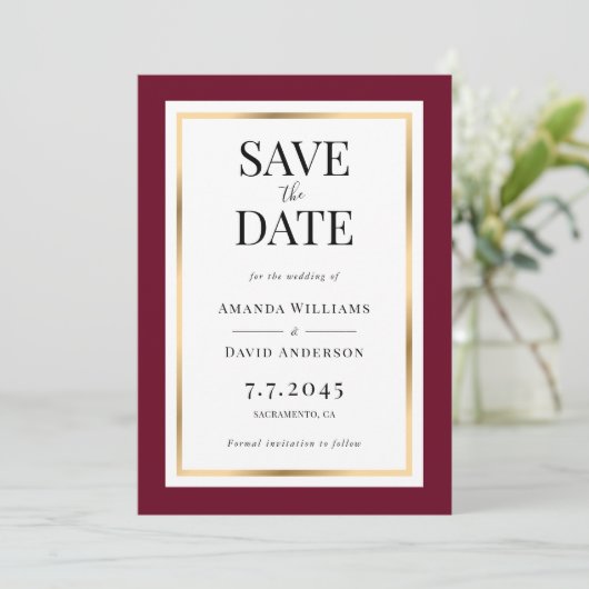 Burgund und Gold Wedding speichern die Datumskarte Save The Date (Stehend Vorderseite)