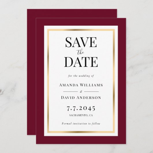 Burgund und Gold Wedding speichern die Datumskarte Save The Date (Vorne/Hinten)