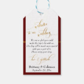 Burgund und Gold Willkommen Liebe & Dankeshochzeit Geschenkanhänger (Vorderseite)