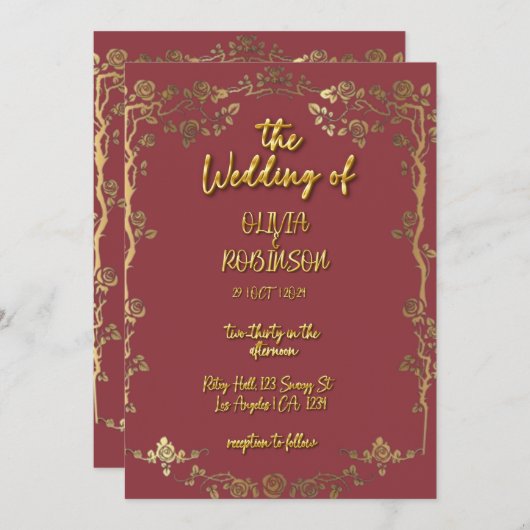 Burgund und Golden Golden Golden 3D Text Effect Ho Einladung (Vorne/Hinten)