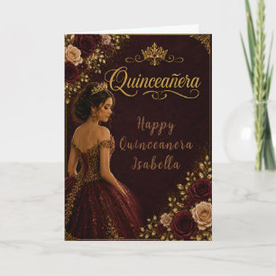Burgund-und-goldene Quinceañera Karte