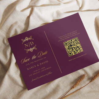 Burgund-und-goldenes Monogramm QR-Code-Hochzeit Save The Date