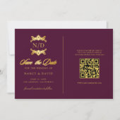 Burgund-und-goldenes Monogramm QR-Code-Hochzeit Save The Date (Vorderseite)
